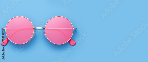 Pink Sunglasses Retro Style Concept Blue Background Top View Flat Lay Romantic Cute Design Banner