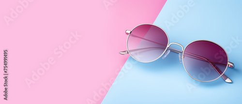 Vintage pink sunglasses retro style concept on blue background top view flat lay cute design accessory banner copy space