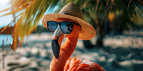 Funny flamingo wearing sunglasses and straw hat with sea and palm trees in background against sunlight. Summer beach concept card. photo