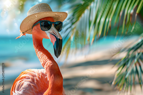 Funny flamingo wearing sunglasses and straw hat with sea and palm trees in background against sunlight. Summer beach concept card.