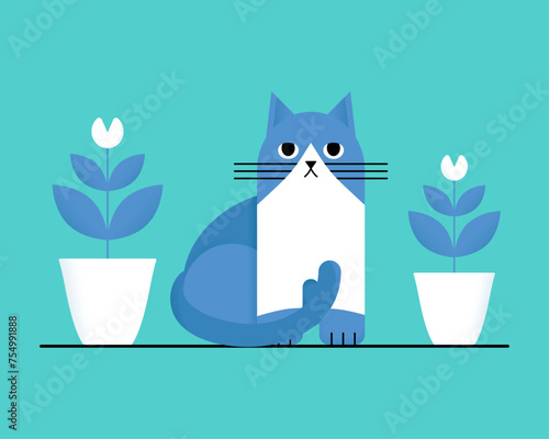 A blue white cat sits, around him are two flowerpots with leaves and flowers