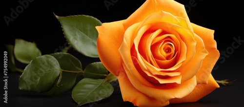 A beautiful single orange rose with green leaves, belonging to the Rosa centifolia hybrid tea rose variety, set against a striking black background photo