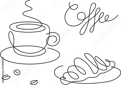 One line elegant trendy icon black white isolated drawing still life coffee cup with croissant