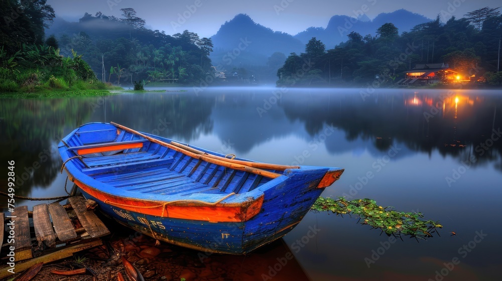 a blue and orange boat sitting on top of a body of water next to a lush green forest covered hillside.