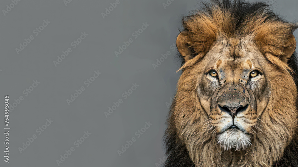a close - up of a lion's face with a gray back ground and a gray wall in the background. a close - up of a lion's face with a gray back ground and a gray wall in the background.