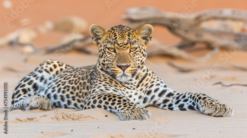 a leopard laying on top of a sandy beach next to a fallen down tree trunk in the background is a dead tree in the foreground.