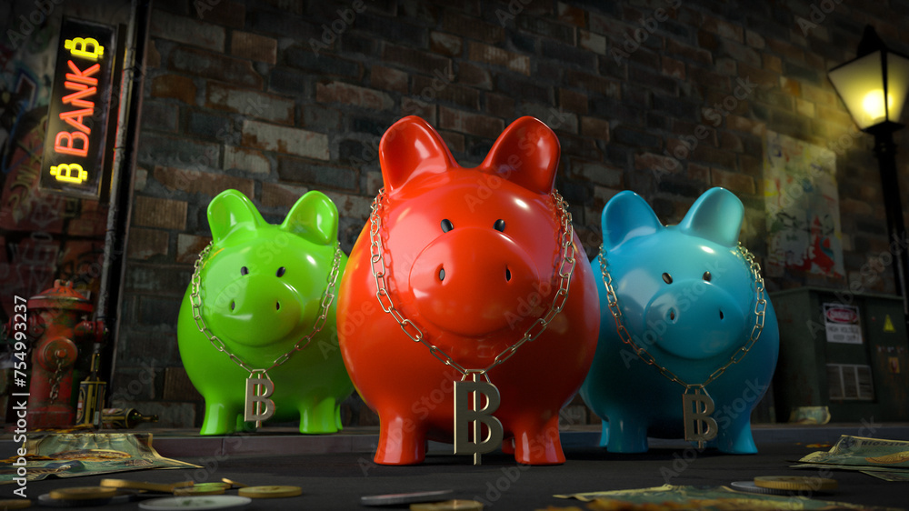 Die Sparschwein Bande - drei Sparschweine mit Bitcoin-Kette um den Hals stehen auf dunkler Straße mit Schild