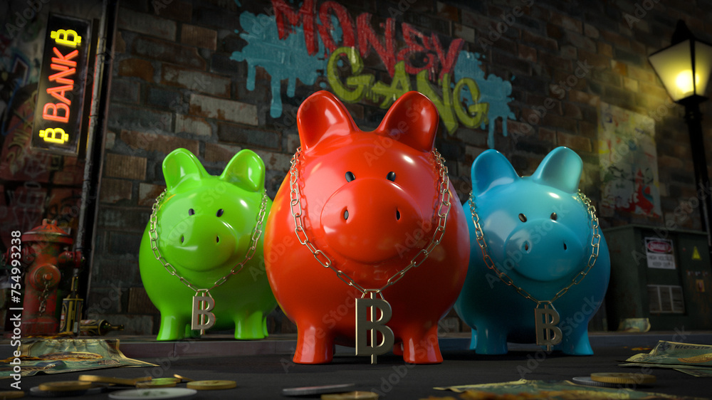 Die Sparschwein Bande - drei Sparschweine mit Bitcoin-Kette um den Hals stehen auf dunkler Straße mit Schild