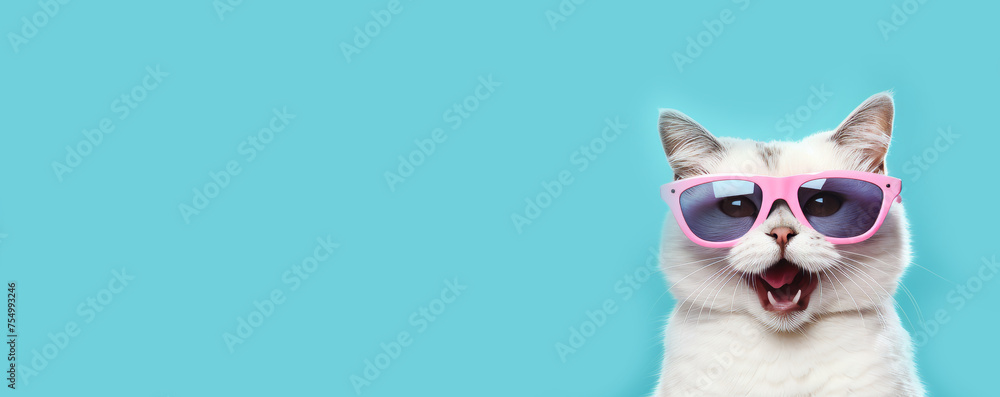 Funny Smiling white cat close up, pink sunglasses, blue background, animal concept, wide banner with copy space