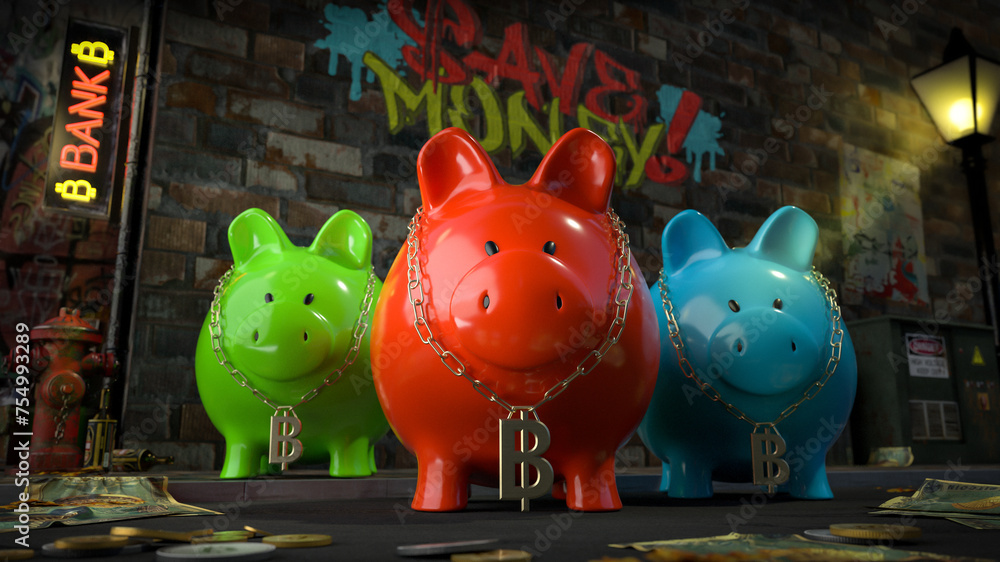 Die Sparschwein Bande - drei Sparschweine mit Bitcoin-Kette um den Hals stehen auf dunkler Straße mit Schild