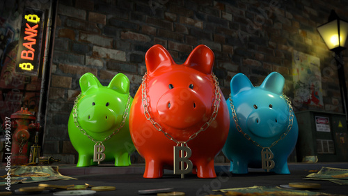 Obraz na płótnie Die Sparschwein Bande - drei Sparschweine mit Bitcoin-Kette um den Hals stehen auf dunkler Straße mit Schild