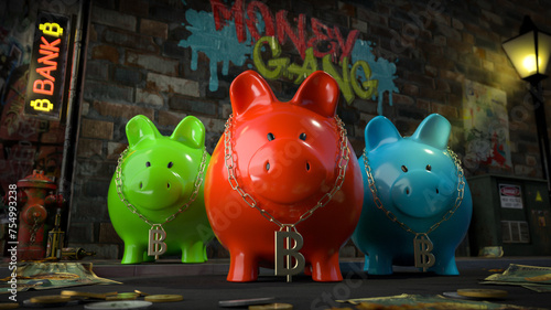 Obraz na płótnie Die Sparschwein Bande - drei Sparschweine mit Bitcoin-Kette um den Hals stehen auf dunkler Straße mit Schild