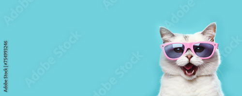 Funny Smiling white cat close up, pink sunglasses, blue background, animal concept, wide banner with copy space © Anzhela