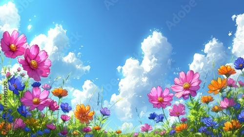 a field full of colorful flowers under a blue sky with puffy white clouds in the middle of the day.