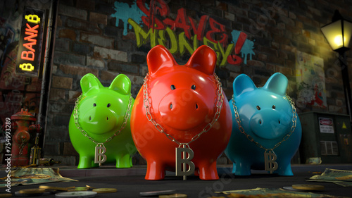 Obraz na płótnie Die Sparschwein Bande - drei Sparschweine mit Bitcoin-Kette um den Hals stehen auf dunkler Straße mit Schild