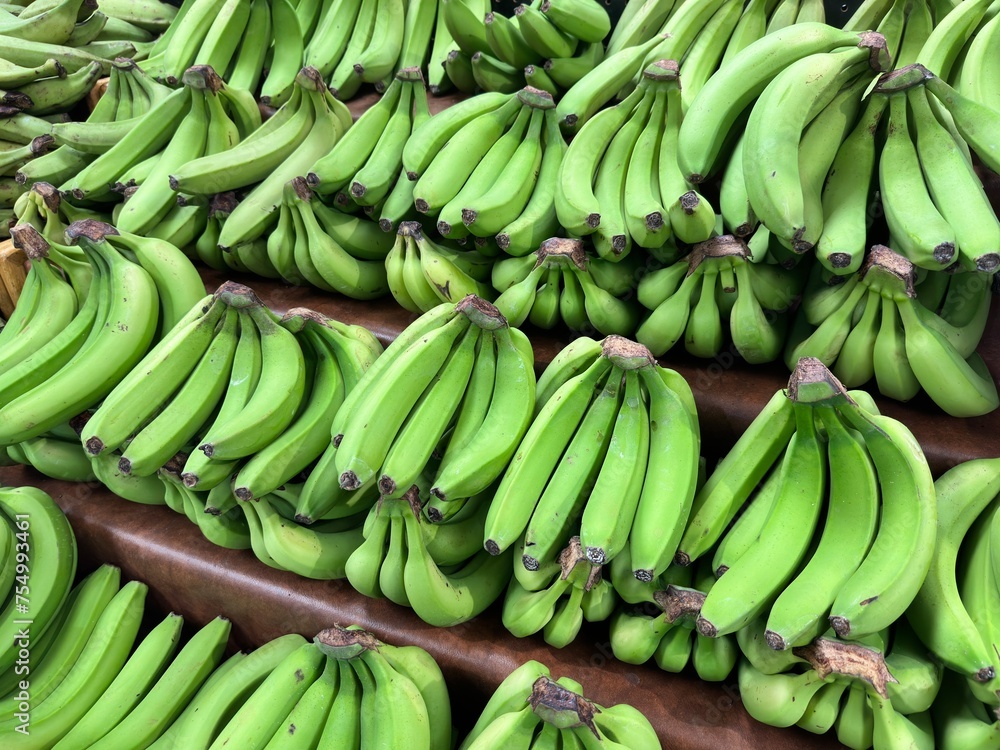 Market display of unripe bananas 