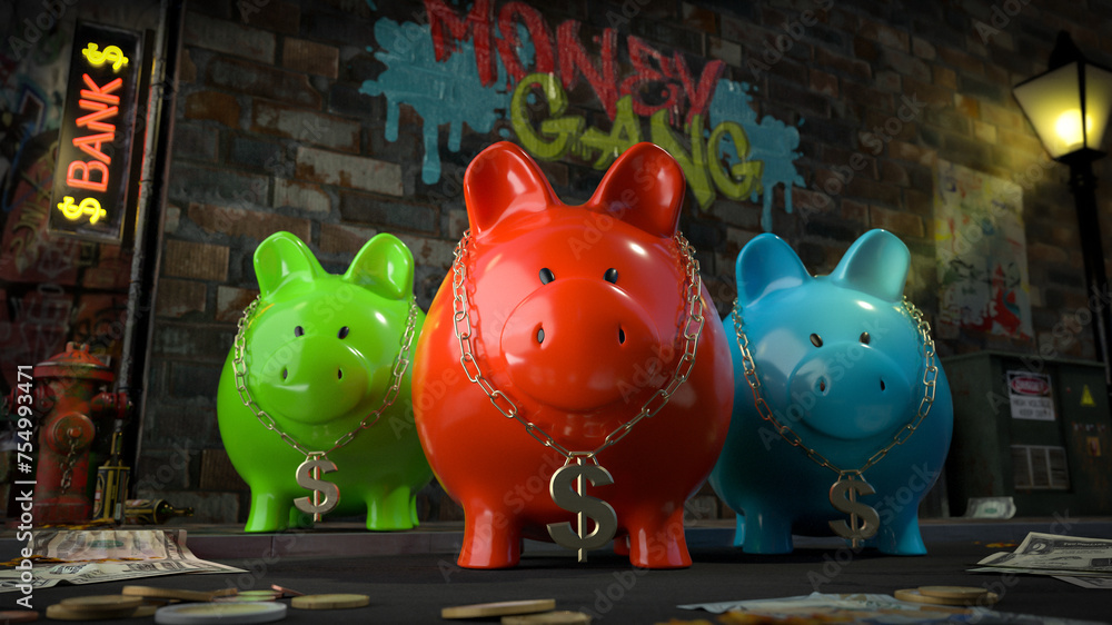 Die Sparschwein Bande - drei Sparschweine mit Dollar-Kette um den Hals stehen auf dunkler Straße mit Schild