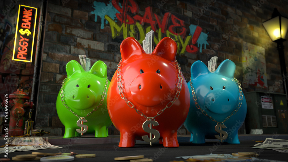 Die Sparschwein Bande - drei Sparschweine mit Dollar-Kette um den Hals stehen auf dunkler Straße mit Schild