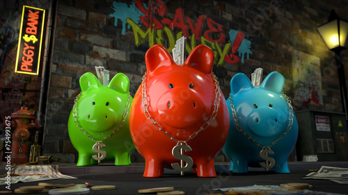 Obraz na płótnie Die Sparschwein Bande - drei Sparschweine mit Dollar-Kette um den Hals stehen auf dunkler Straße mit Schild