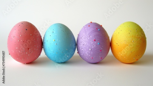 a row of painted eggs with sprinkles in the middle of the row, on a white background.