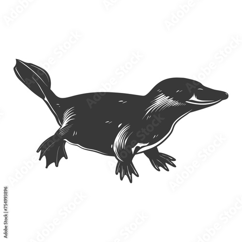 Silhouette platypus animal swim black color only full body