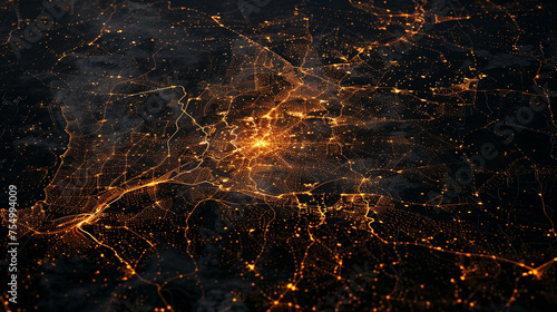Satellite imagery capturing the digital divide, with bright connections in some areas and darkness in others, with copy space