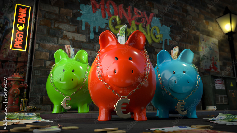 Die Sparschwein Bande - drei Sparschweine mit Euro-Kette um den Hals stehen auf dunkler Straße mit Schild