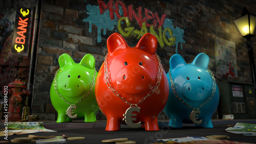 Die Sparschwein Bande - drei Sparschweine mit Euro-Kette um den Hals stehen auf dunkler Straße mit Schild 