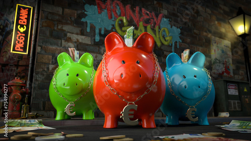 Die Sparschwein Bande - drei Sparschweine mit Euro-Kette um den Hals stehen auf dunkler Straße mit Schild 