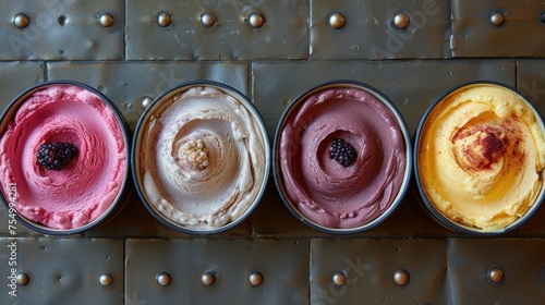 three tins filled with ice cream sitting on top of a metal floor covered in riveted metal rivets. photo