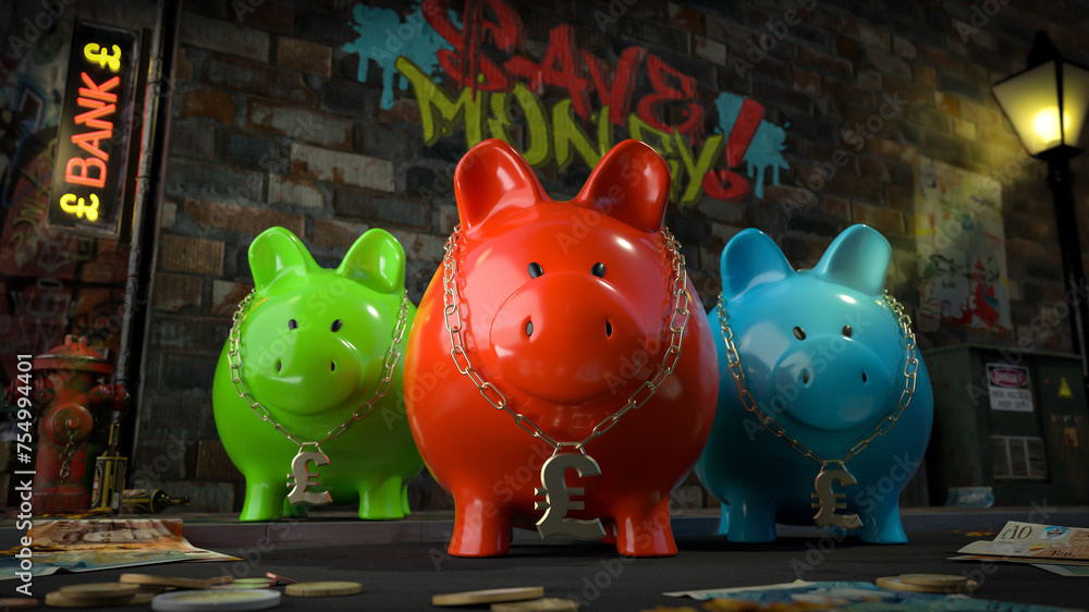 Die Sparschwein Bande - drei Sparschweine mit Pfund-Kette um den Hals stehen auf dunkler Straße mit Schild