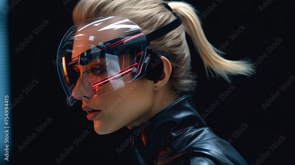 Girl dons augmented reality glasses. Gorgeous digital landscape comes alive. Girl dons augmented reality glasses. Gorgeous digital landscape comes alive.