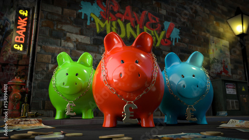Obraz na płótnie Die Sparschwein Bande - drei Sparschweine mit Pfund-Kette um den Hals stehen auf dunkler Straße mit Schild