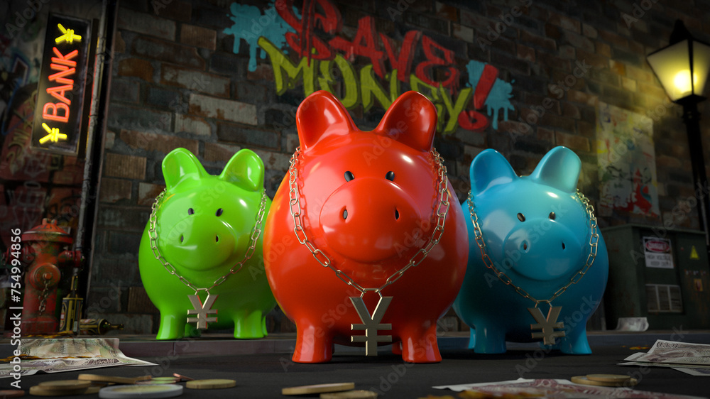 Die Sparschwein Bande - drei Sparschweine mit Yen-Kette um den Hals stehen auf dunkler Straße mit Schild
