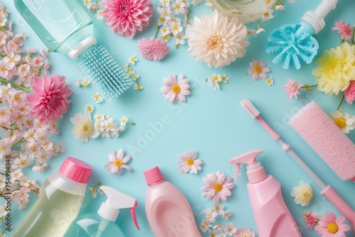 An overhead view of colorful cleaning bottles interspersed with vibrant spring flowers on a pastel blue background, symbolizing spring cleaning © netrun78