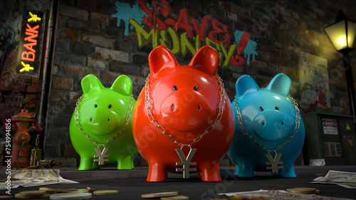 Die Sparschwein Bande - drei Sparschweine mit Yen-Kette um den Hals stehen auf dunkler Straße mit Schild 
