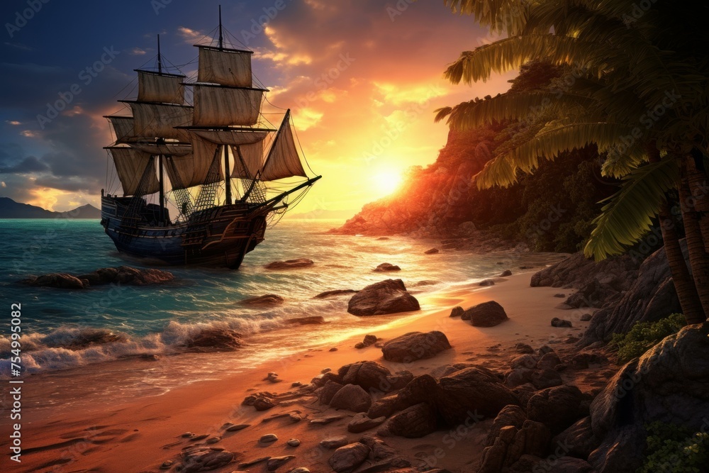 Obraz premium Mysterious Pirate ship at beach. Sea tropical island. Generate Ai