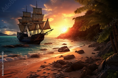 Mysterious Pirate ship at beach. Sea tropical island. Generate Ai
