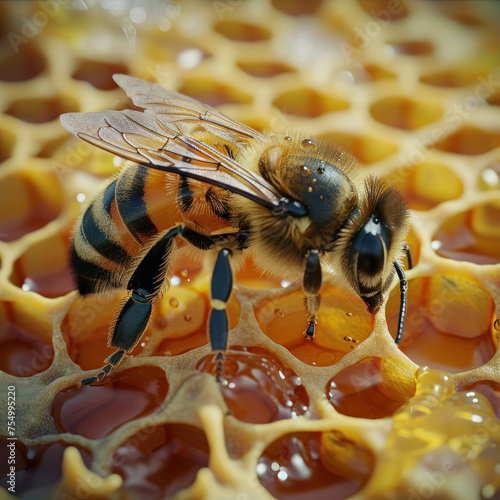 Witness a bee in action, collecting nectar from a honeycomb, its buzzing activity captured through filter photography with manga aesthetic. AI generative.
