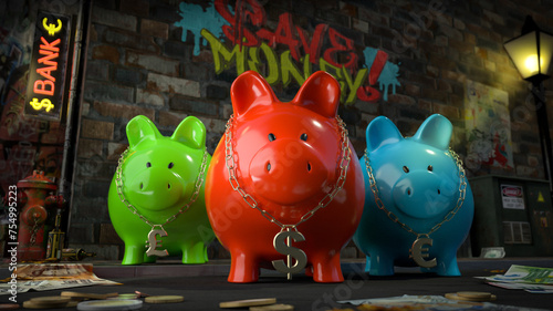 Die Sparschwein Bande - drei Sparschweine mit Dollar-Euro-Pfund-Kette um den Hals stehen auf dunkler Straße mit Schild "Bank" plus Graffiti "Save Money" und Geld liegt auf Straße