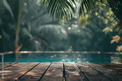 Wooden table top on sea background with tree and clouds. Summer wallpaper. Beach. Travel banner photo