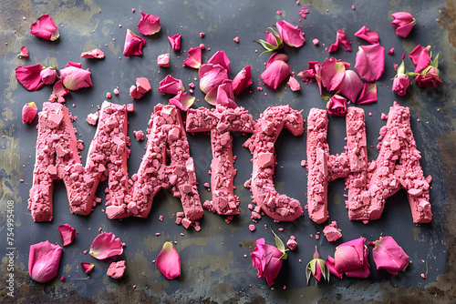 Inscription Matcha made of powder Pink Matcha on a dark background with rose petals. photo