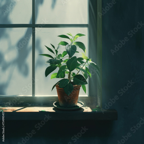 Capture the elegance of a green plant on windowsill with deep color and stick figure realism. AI generative artistry ensures 4K hyper-quality. photo