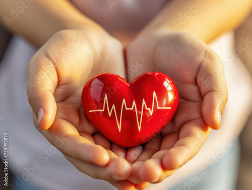 Health care and love depicted through adult and child hands holding a heart with cardiogram. Ultra-realistic. AI generative creation. photo