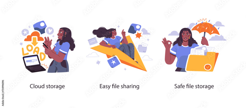 Cloud document access and sharing service - set of concept illustrations. Visual stories collection