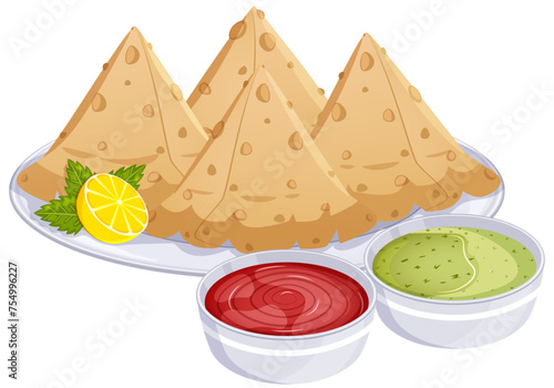 Samosas with Green and Tamarind Chutneys. Authentic Indian Street Food Detailed Illustration 