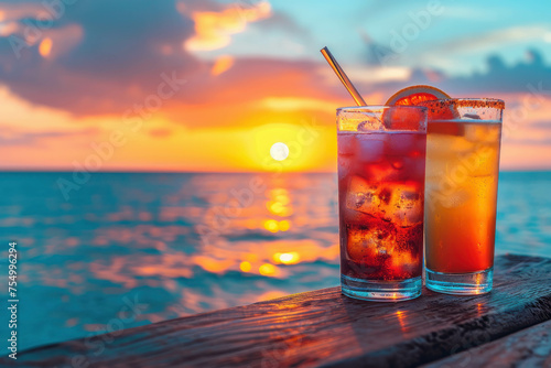 Tropical paradise: cocktails, sunset, and sea at the beach bar. Ideal for summer vacation. AI generative.