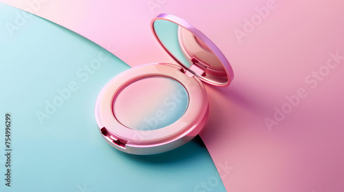 A makeup compact with a mirror set against a blue and pink bicolor background Exudes simplicity and style photo