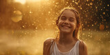 Portrait of smiling kid girl smiling in summer rain, with water droplets adorning her face, copy space. Joy in the Summer Rain. 