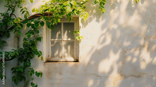 High-quality close-up image of white window and green leafs, featuring soft shadows and professional color grading. AI generative. photo